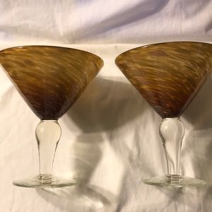 Two Blown Glass Amber Swirl Martini Cocktail Glass